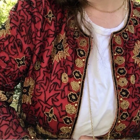 Adrianna Papell Red Beaded Silk Jacket Sz 10 Vintage Evening Statement - Picture 7 of 8